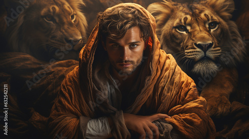 An intense portrait of Daniel in the lion's den, demonstrating unwavering faith Generative AI