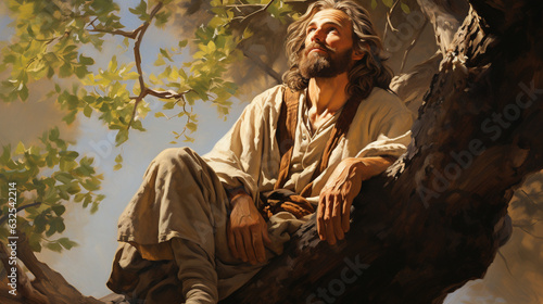 Canvas Print A portrait of Zacchaeus perched in a tree, eager to see Jesus Generative AI