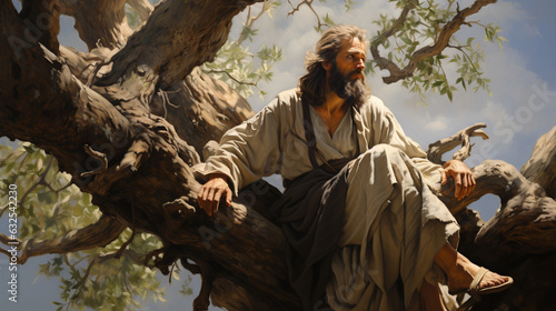 Photo A portrait of Zacchaeus perched in a tree, eager to see Jesus Generative AI