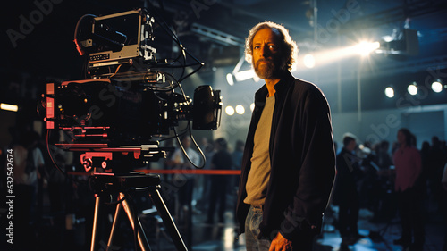 Portrait of a film director at studio. Movie director at work on filming a movie, commercial or TV series photo