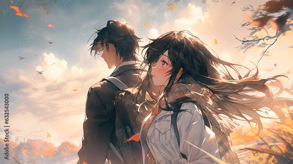 Fototapeta premium Romantic couple in autumn park. Happy anime boy and girl walking in autumn woods. Romantic drawn anime style