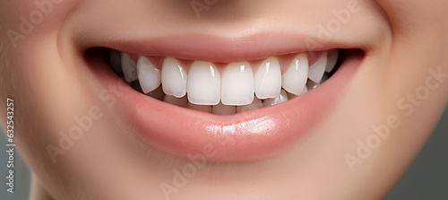 Close up happy young woman showing perfect smile with white straight teeth. Design for beauty industry, dentistry.
