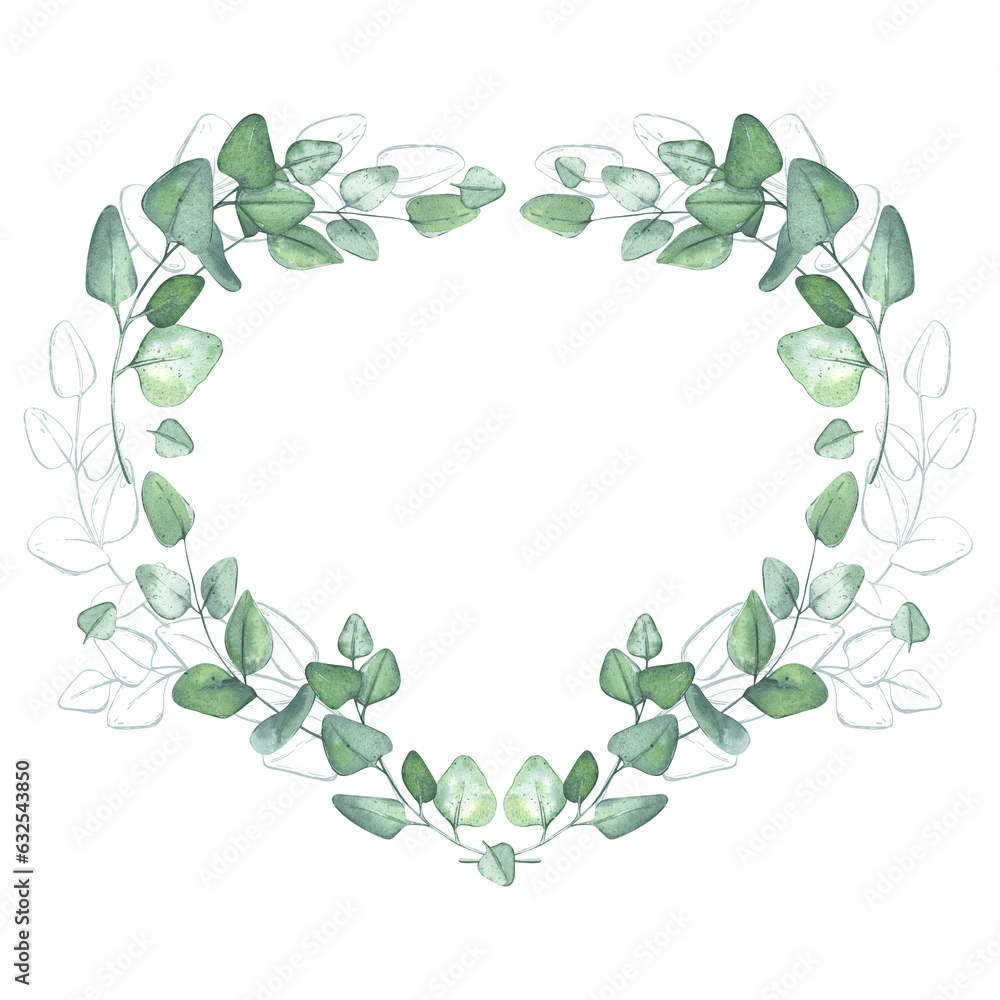 Eucalyptus wreath. Green frame for rustic background. Heart shaped template for banner or wedding invitation. Watercolor illustration with plants Eucalyptus wreath. Green frame for rustic background. Heart shaped template for banner or wedding invitation. Watercolor illustration with plants
