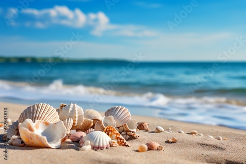 Beach Treasures Seashells and Shells on Sandy Shore. Generative AI