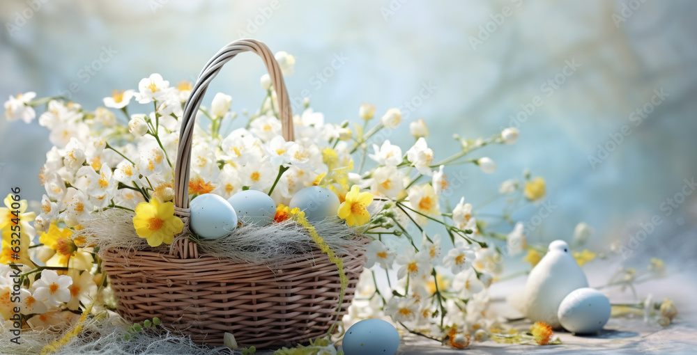 Easter eggs in blue tones, in a wicker basket with spring flowers, daisies and yellow flowers, delicate shades Easter eggs in blue tones, in a wicker basket with spring flowers, daisies and yellow flowers, delicate shades