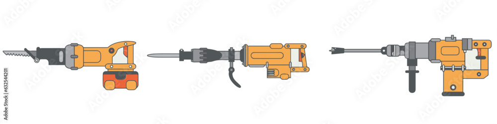 Line flat icon set with building electrical tools. Construction and repair work. Powerful industrial instrument. Cartoon style. illustration , element for your design. Engineering. Work. Line flat icon set with building electrical tools. Construction and repair work. Powerful industrial instrument. Cartoon style. illustration , element for your design. Engineering. Work.