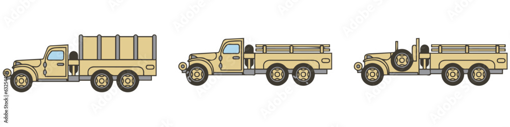 Line flat color vector icon set service staff open body diesel army truck. Military shell vehicle. Cartoon retro style. Cargo transportation. Tow. Simple. Illustration, element for design, wallpaper.