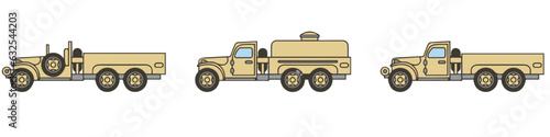 Line flat color vector icon set service staff open body diesel army truck. Military shell vehicle. Cartoon retro style. Cargo transportation. Tow. Simple. Illustration, element for design, wallpaper.