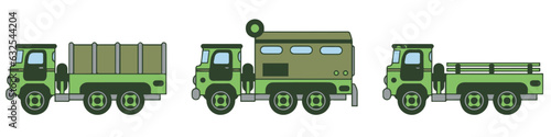 Line flat color vector icon set service staff open body diesel army truck. Military shell vehicle. Cartoon vintage style. Cargo transportation. Tow auto. Simple. Illustration and element for design.