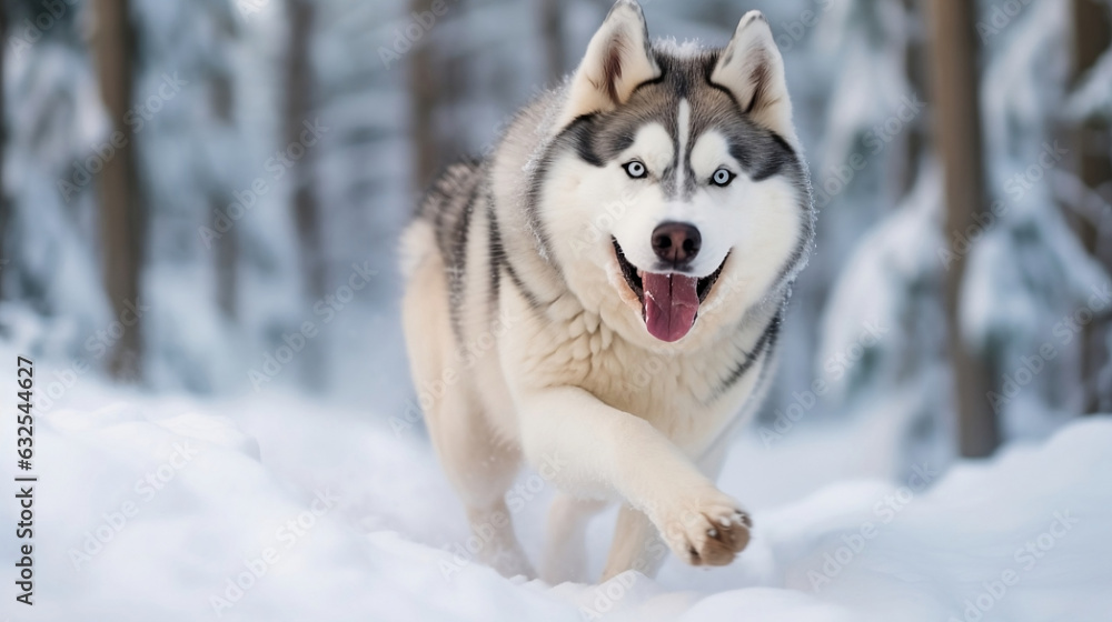 Siberian Husky in Winter Wonderland: Running Freely in a Snow-Covered Forest. Generative Ai. 