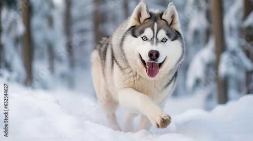 Siberian Husky in Winter Wonderland: Running Freely in a Snow-Covered Forest. Generative Ai.  © Philipp