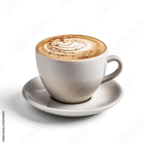Cappuccino on a white background. Cup of coffee on the table. Cover design, menu page. Trendy drink.  photo