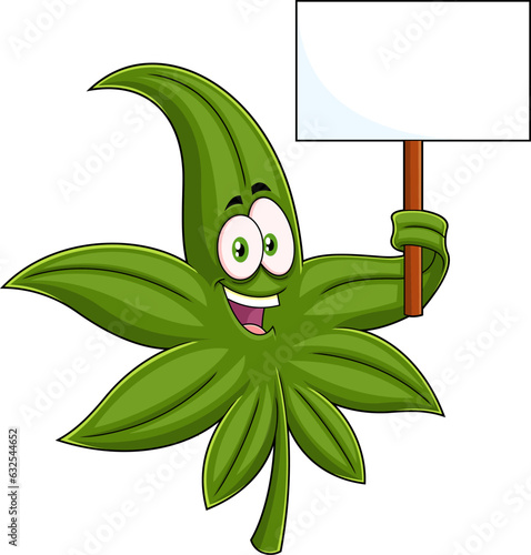 Marijuana Leaf Cartoon Character Holding Up A Blank Sign. Vector Hand Drawn Illustration Isolated On Transparent Background
