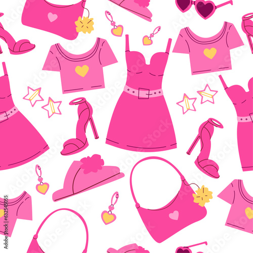 Barbie seamless pattern set.Pink items.Barbicor pattern. Vector illustration.Hair dryer, hairpins, combs, headband.Barbershop items.