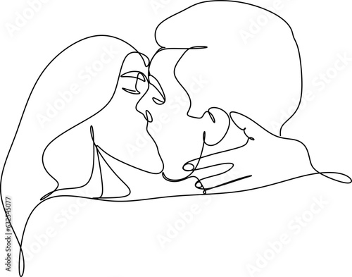 People hugging in continuous line drawing style. A passionate kiss. Vector illustration