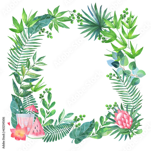Square frame of watercolor tropical elements 2
