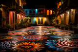 illuminated rangoli designs adorning a courtyard during Diwali, symbolizing the festival's festive spirit Generative AI