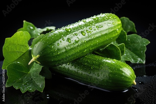 Fresh green cucumbers on black wet table with water drops