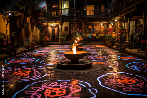 illuminated rangoli designs adorning a courtyard during Diwali, symbolizing the festival's festive spirit Generative AI