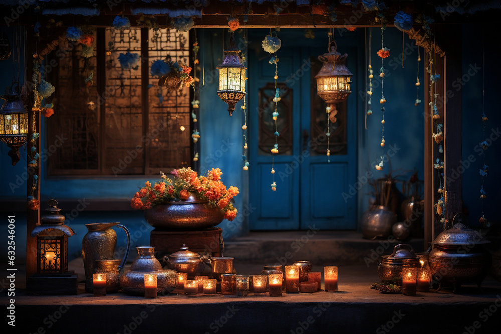 serene photo of glowing diyas and lamps illuminating a home's entrance during the twilight hours of Diwali Generative AI