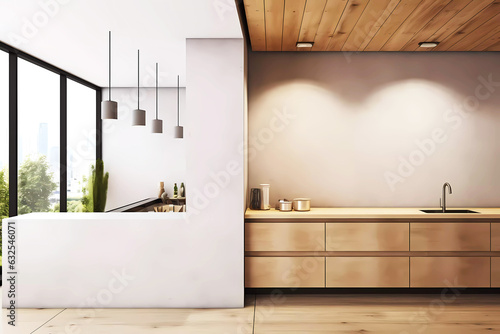 Wooden and concrete kitchen interior. Generative ai design concept.