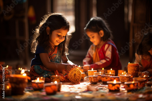 adorable shot of children actively involved in decorating their homes with colorful rangoli and paper lanterns for Diwali Generative AI
