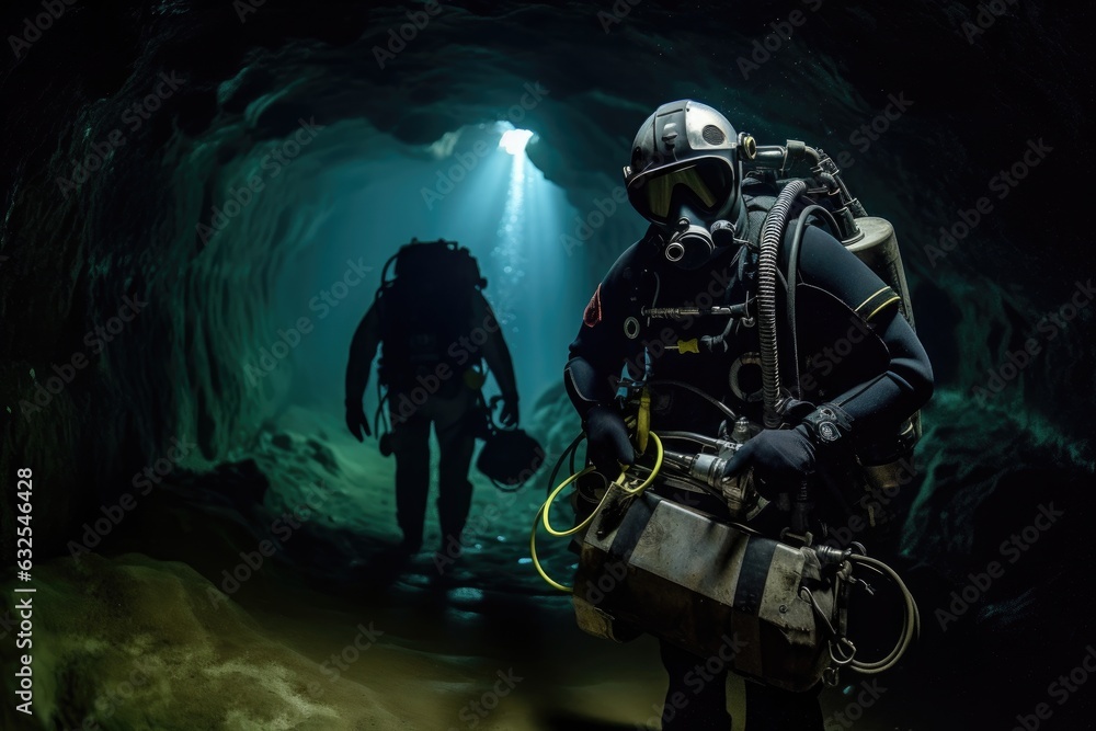 shot of a diver carrying equipment through an underground tunnel shot of a diver carrying equipment through an underground tunnel