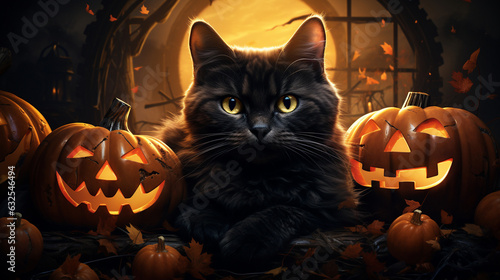 A cat lounges among a pile of pumpkins, its eyes gleaming mysteriously in the moonlight Generative AI