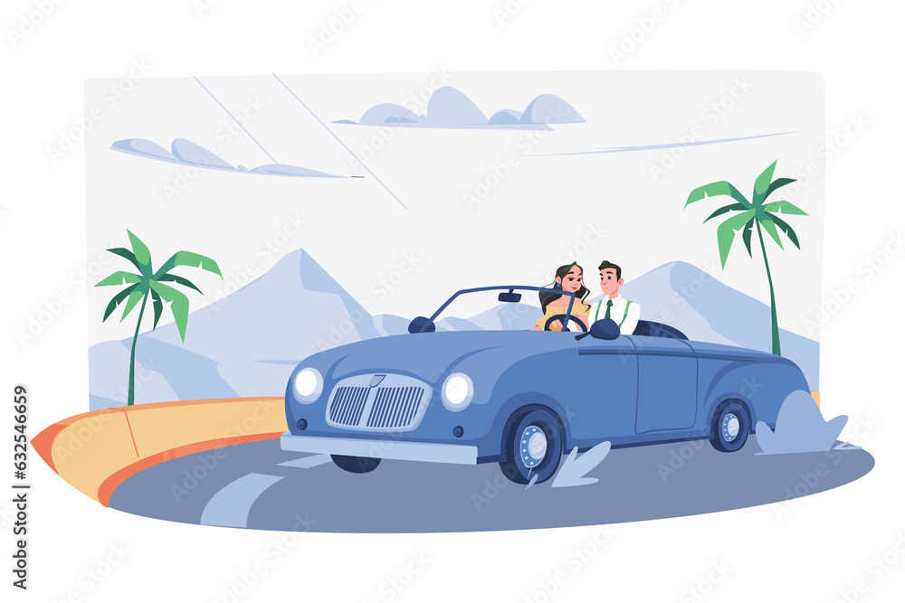 Couple walking the streets in a luxury car