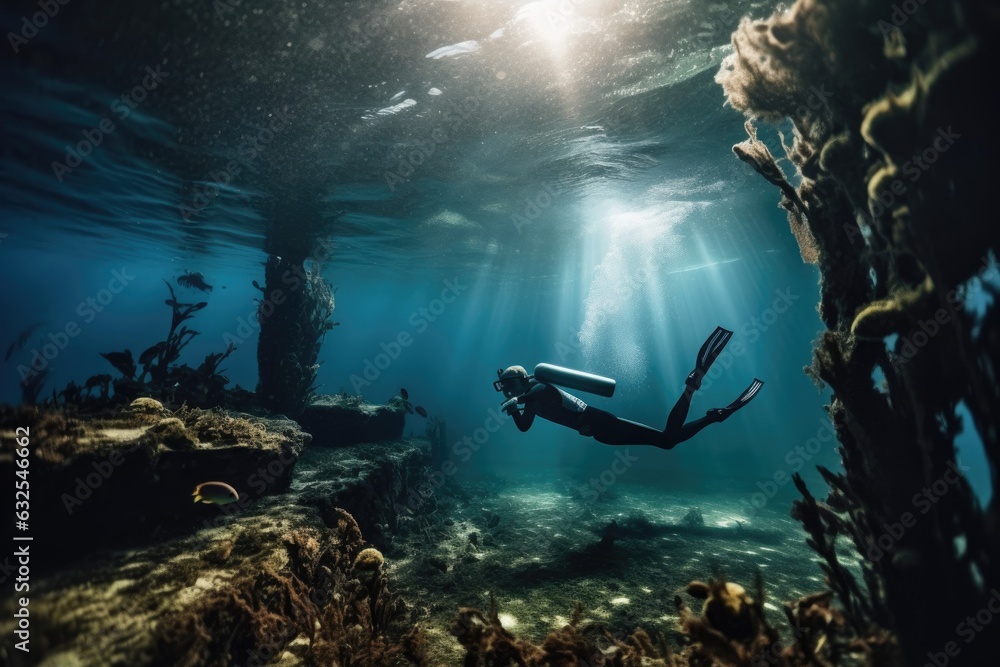 shot of a man diving into the ocean in an underwater habitat