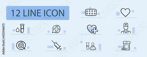 Treatment line icon. Medicine, heart, cross, plus, flask, doctor, pills, beaker. Pastel color background. Vector line icon