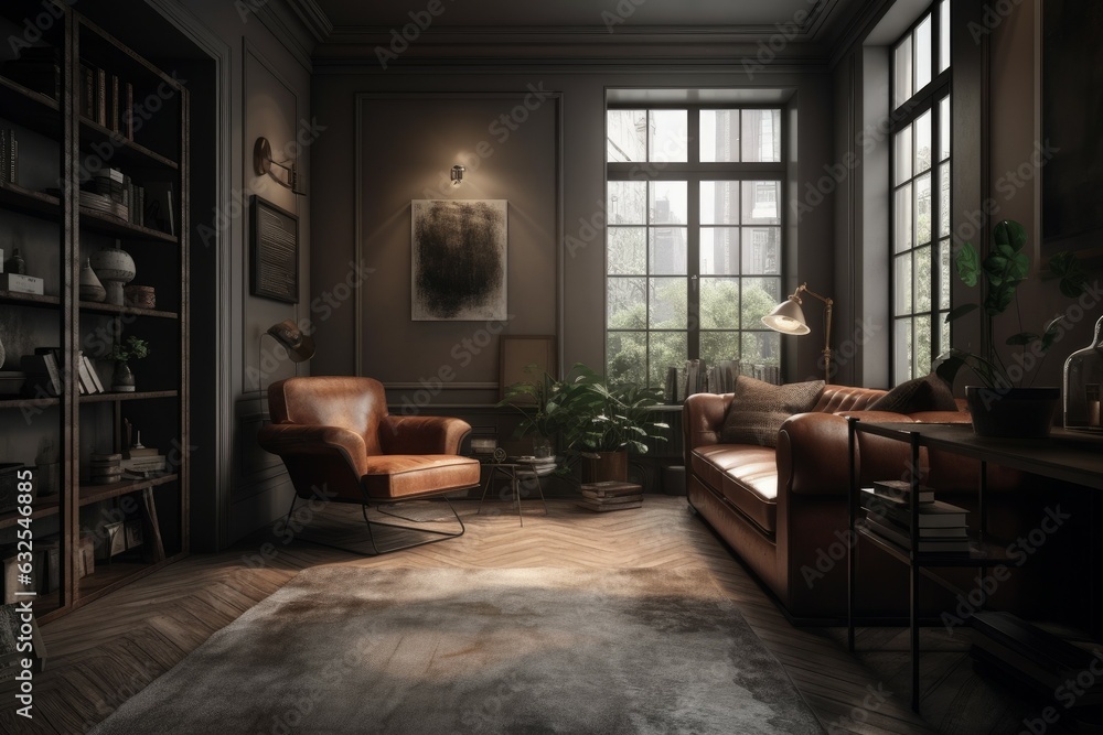 Style loft interior with leather armchair. AI generated, human enhanced Style loft interior with leather armchair. AI generated, human enhanced