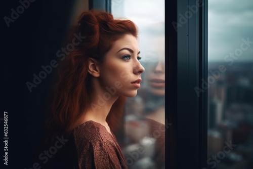 shot of a young woman looking at the city from a skyscraper window