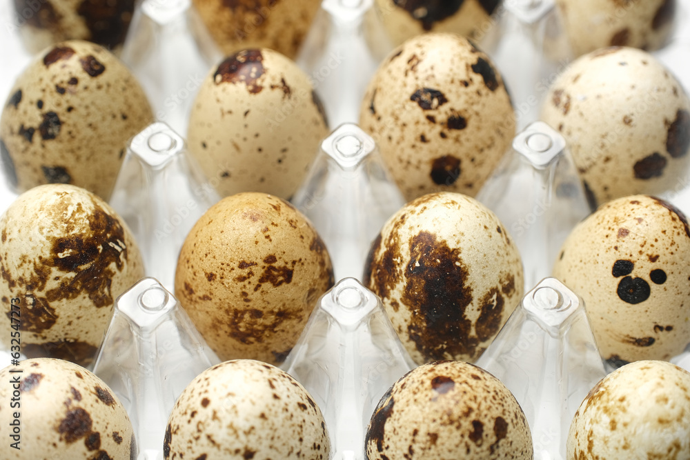 Quail eggs in the package, ready for sale in the store