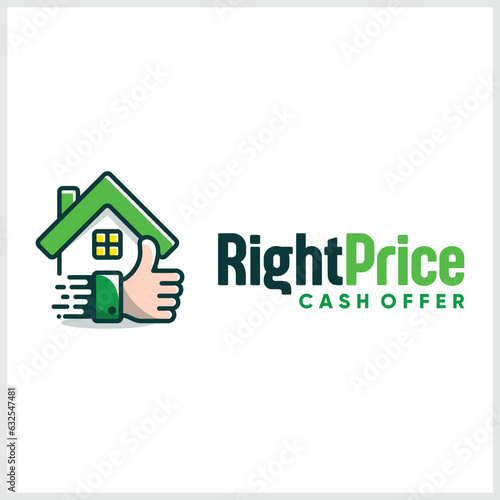 property sale house logo with house and thumbs up