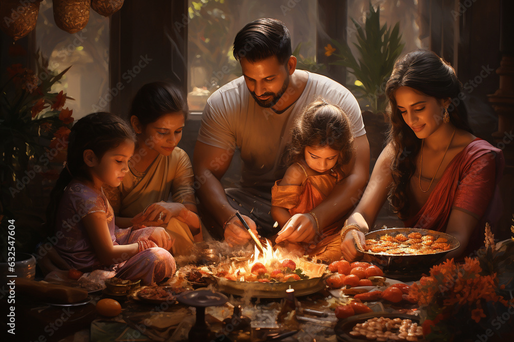 intimate scene of a family gathered for Diwali puja, offering prayers and seeking blessings in a warm and homely setting Generative AI