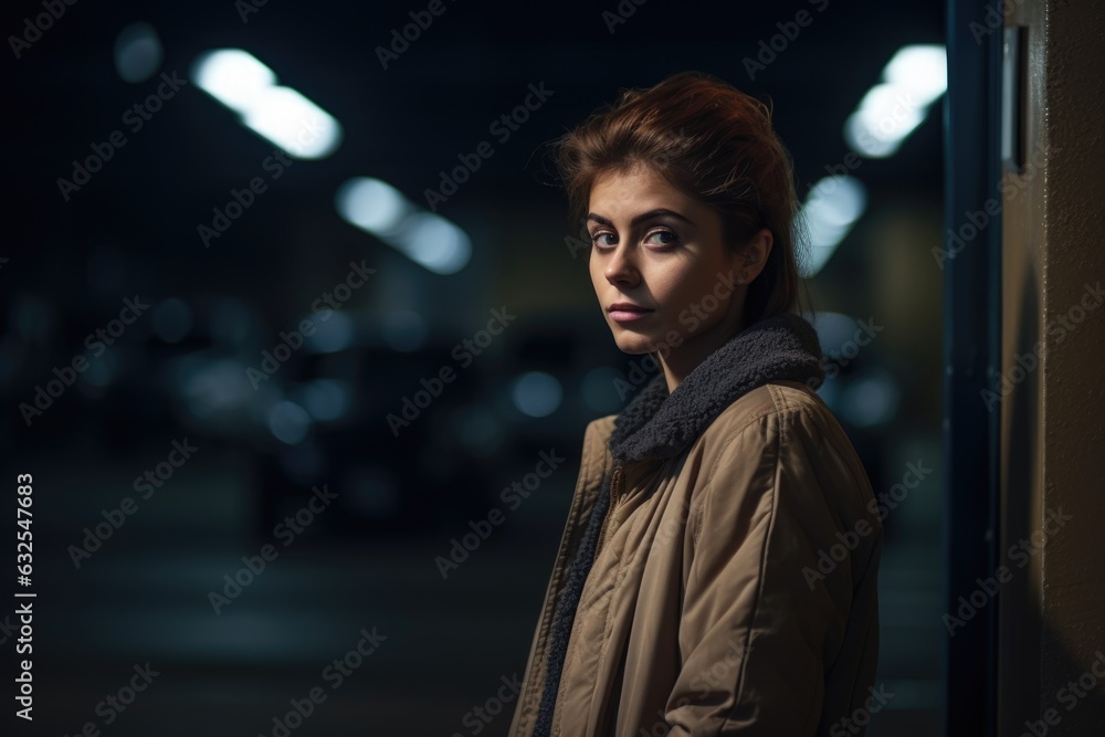 shot of a beautiful woman at the entrance to a car park shot of a beautiful woman at the entrance to a car park