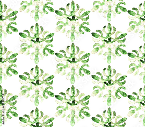Seamless watercolor tile pattern. Green ornament on a white background. Bohemian print for textiles.