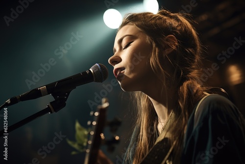 shot of a young female singer playing her guitar on stage
