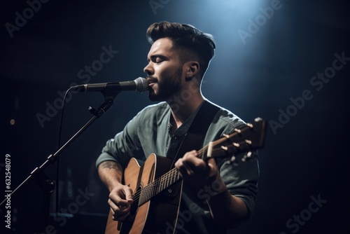 shot of a young man playing the guitar while singing on stage Fototapet