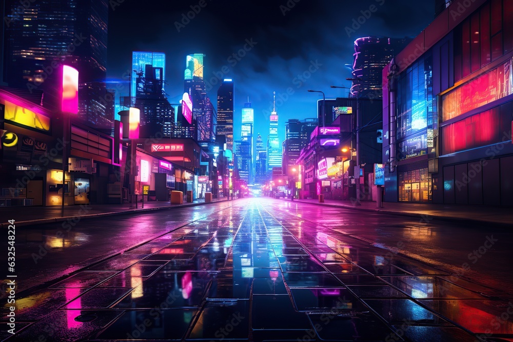 Illustration of neon lights in night city with buildings and street roads