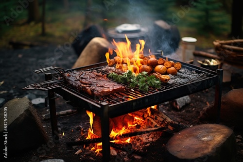 Tasty steaks on brazier with flames photo