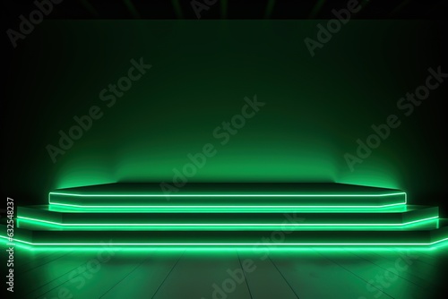 Green neon light with empty stage, podium on black background