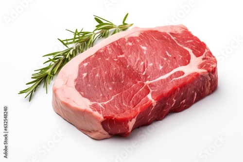 Raw meat steak with green rosemary isolated on white background