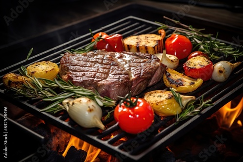 Grilled meat steak with rosemary and vegetables on grill