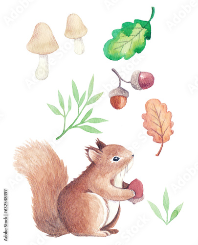 Autumn watercolor illustration with squirrels, leaves