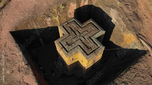 Aerial view of monolithic rock-cut church of bete giyorgis Lalibela Ethiopia photo