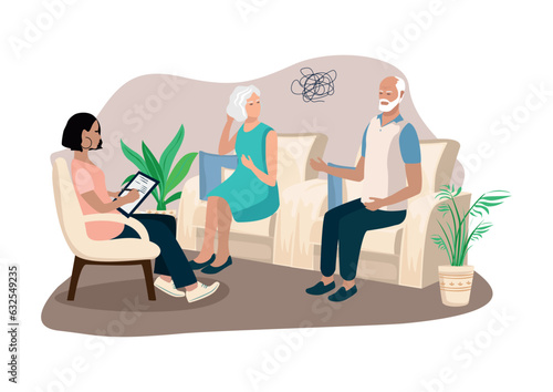 An elderly couple is in a therapy session in a family psychologist's office. Counseling, training, problem solving and psychological assistance. Vector illustration in a flat style.