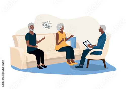 An elderly couple is in a therapy session in a family psychologist's office. Counseling, training, problem solving and psychological assistance. Vector illustration in a flat style.