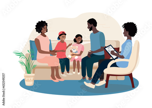 A family with children is in a therapy session in the office of a family psychologist. Consultation, training, problem solving and psychological assistance. Vector illustration in a flat style.